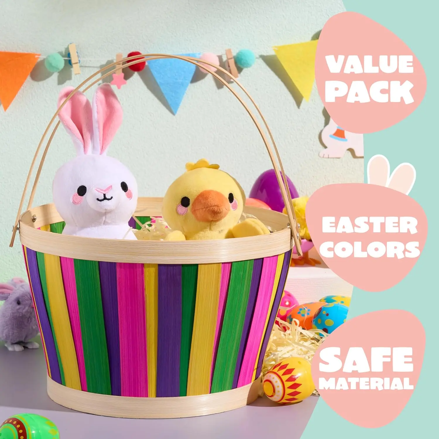 Easter Empty Gift Basket with Folding Handles for Easter Egg Hunt Kids Party Treats & Picnic Made from Rattan