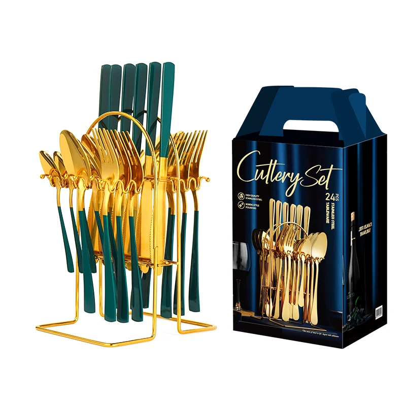 Gold Cutlery suit Household With display shelf Square handle fork spoon knife set stainless steel kitchen Cutlery set Reusable