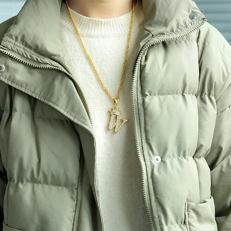 Crown Letter Queen Necklace Diamond Initial Pendant CZ Long Chain Necklace Ice Our Alphabets Charms