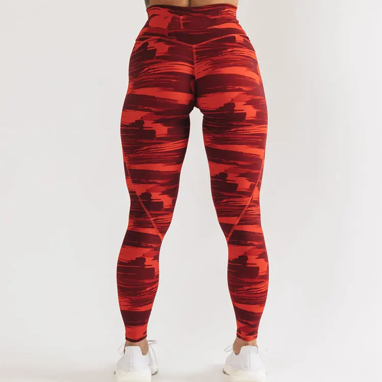 Women v-shape printed gym fitness squat poof yoga wear compression nylon spandex leggings