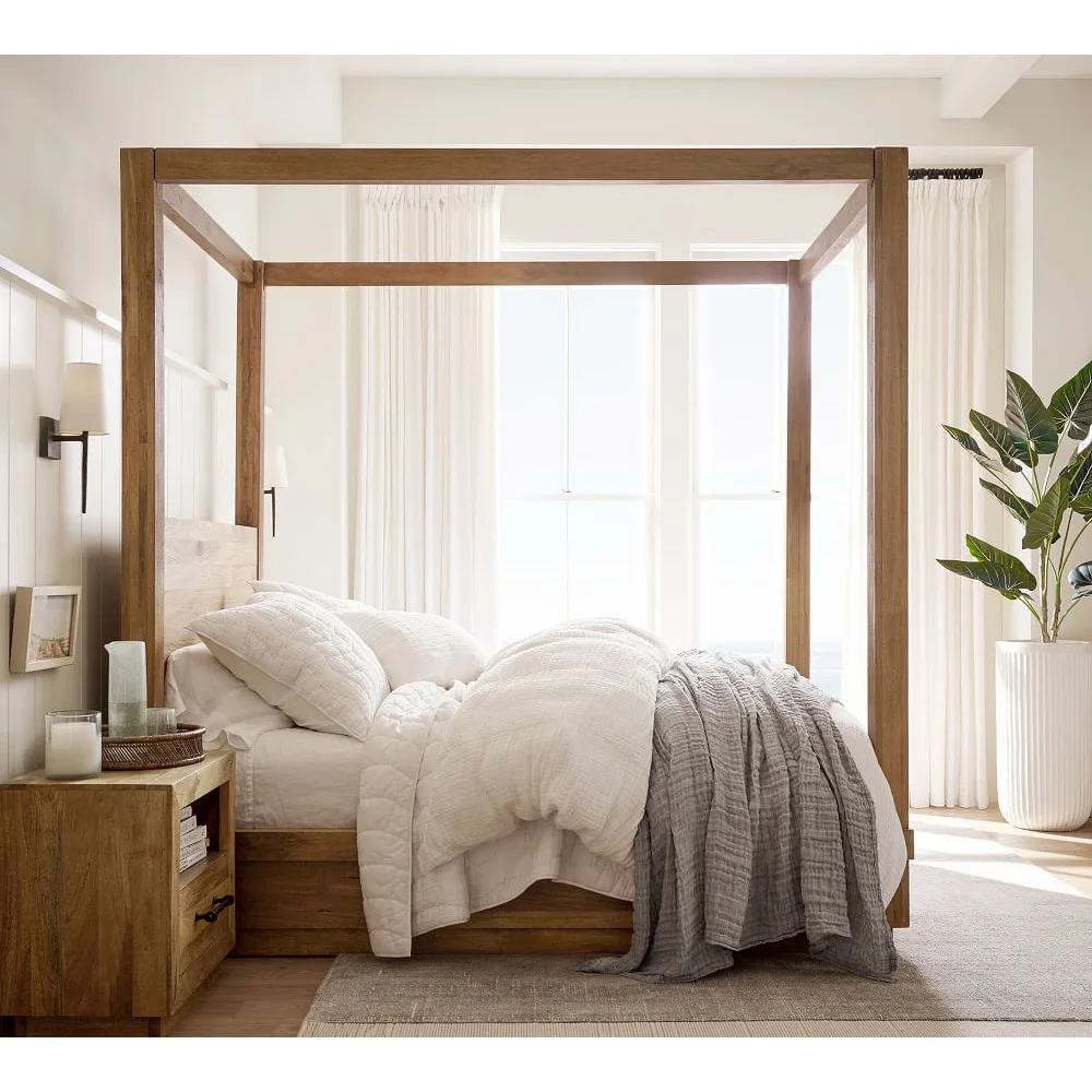 Factory direct custom antique old natural heavy king queen size wooden Canopy Double Bed