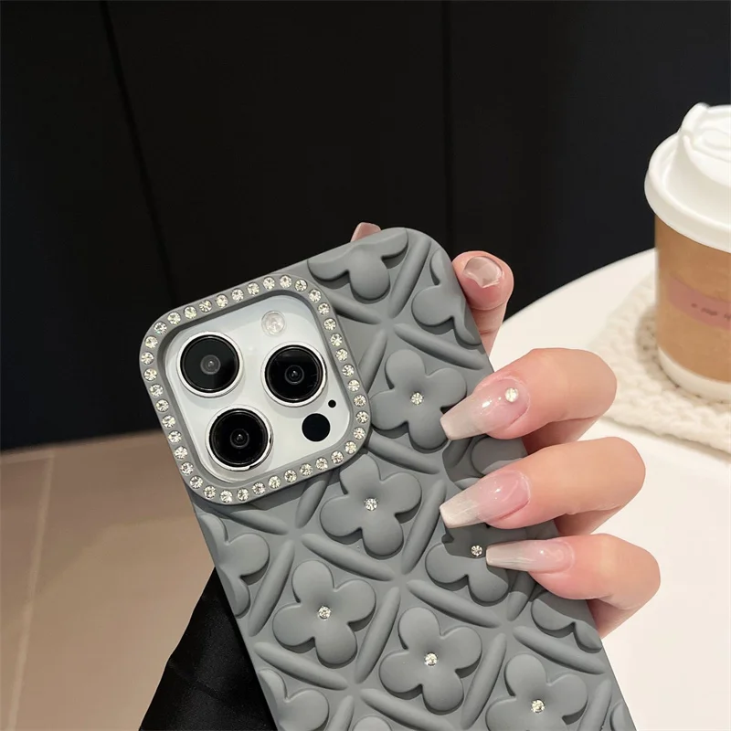 Shining Diamond Camera Lens Frame Flower Phone Case For iPhone 16 15 14 13 12 Pro Max Soft TPU Shockproof Cover