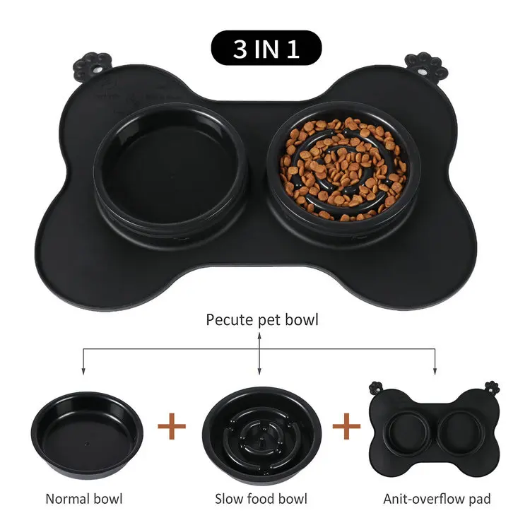 Wholesale M35Cm 13.8In Foldable Silicone Raised Double Pet Feeding Bowls Stainless Elevated Slow Feeder Dog Bowl