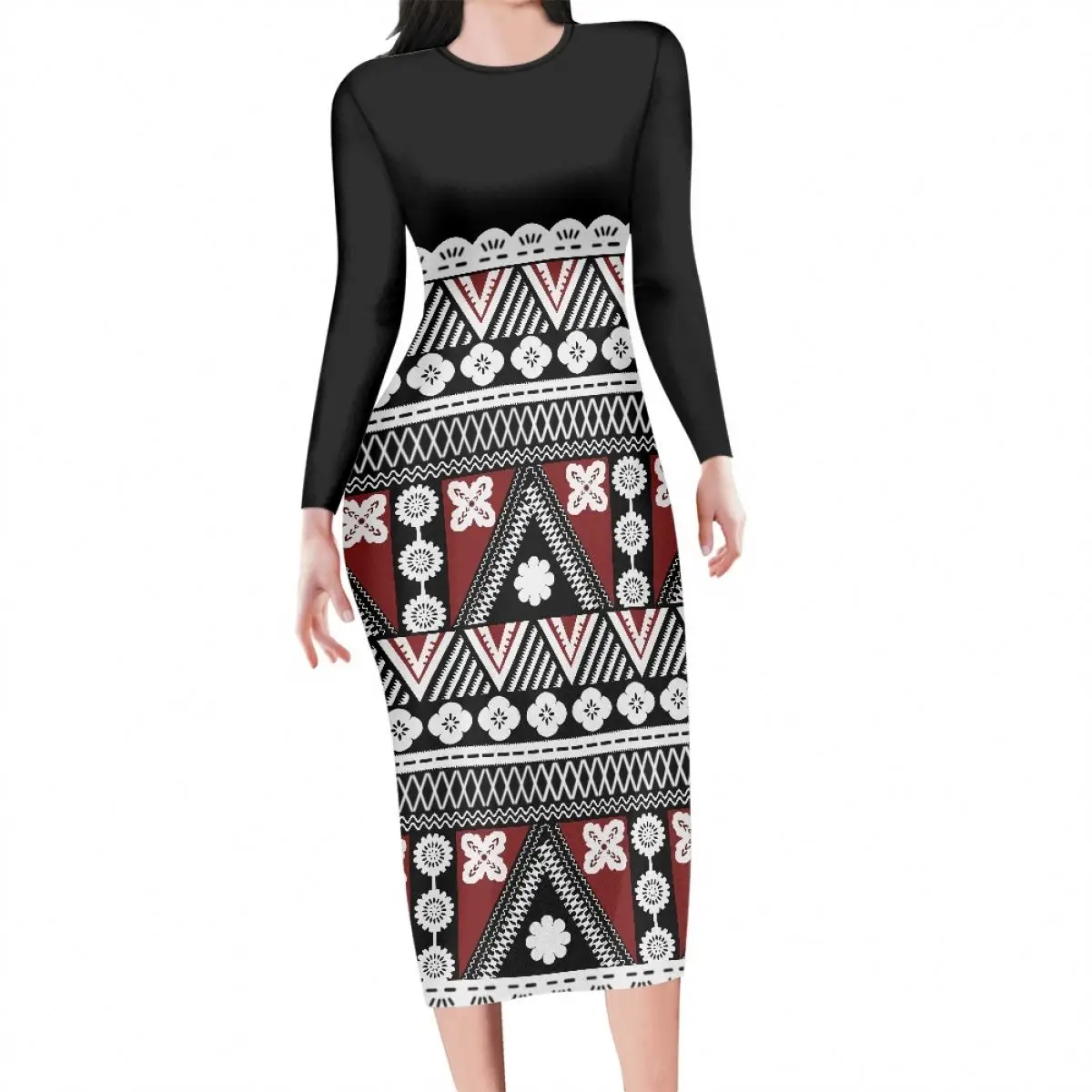 Woman Long Sleeve Bodycon Dress Polynesian Tribal Fiji Flower Print  Women Club Dresses Sexy Custom Plus Size Dress For Woman