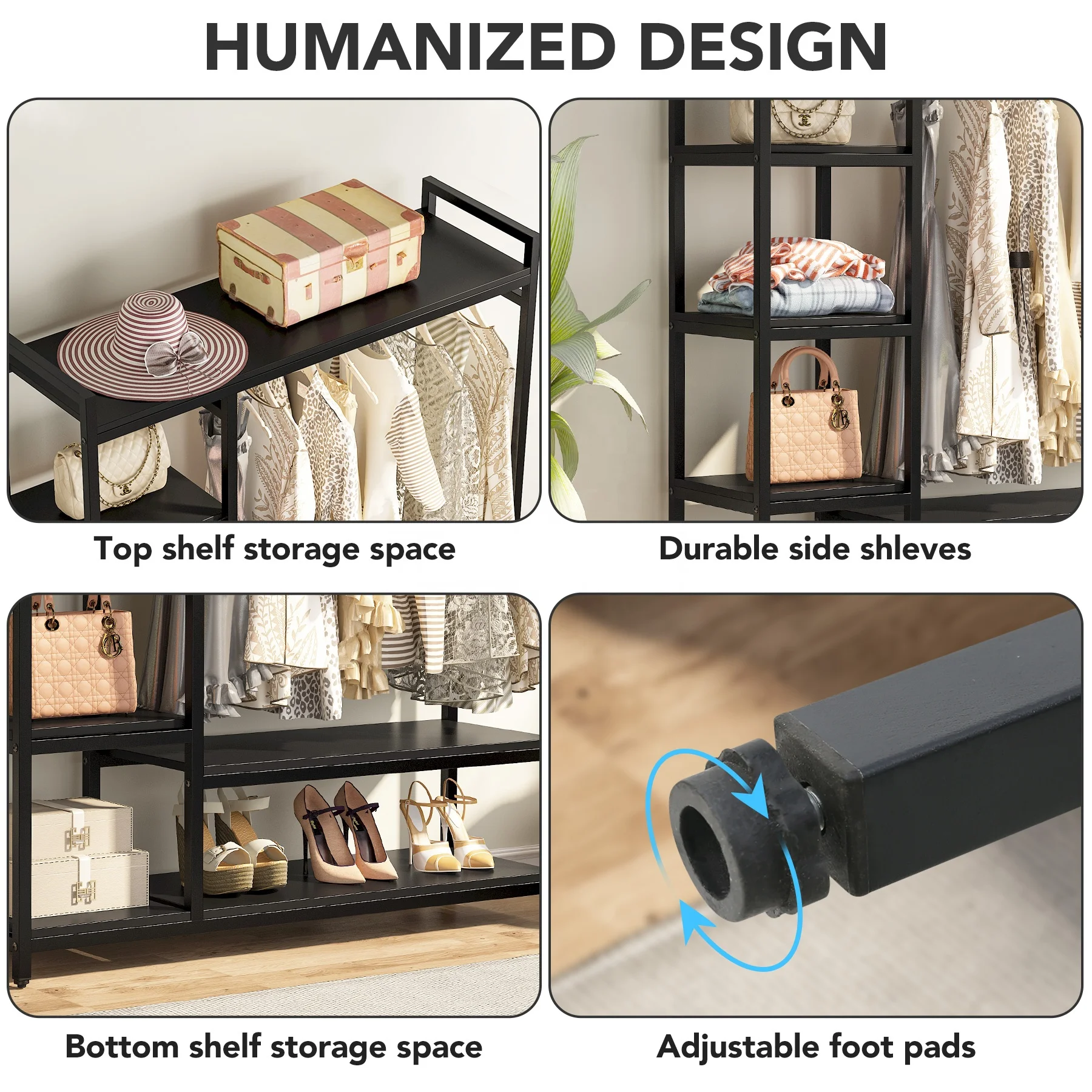 Tribesigns Wooden Black Wardrobe Metal Frame Garment Clothing Rack with Shelves and Hanging Rod for Home