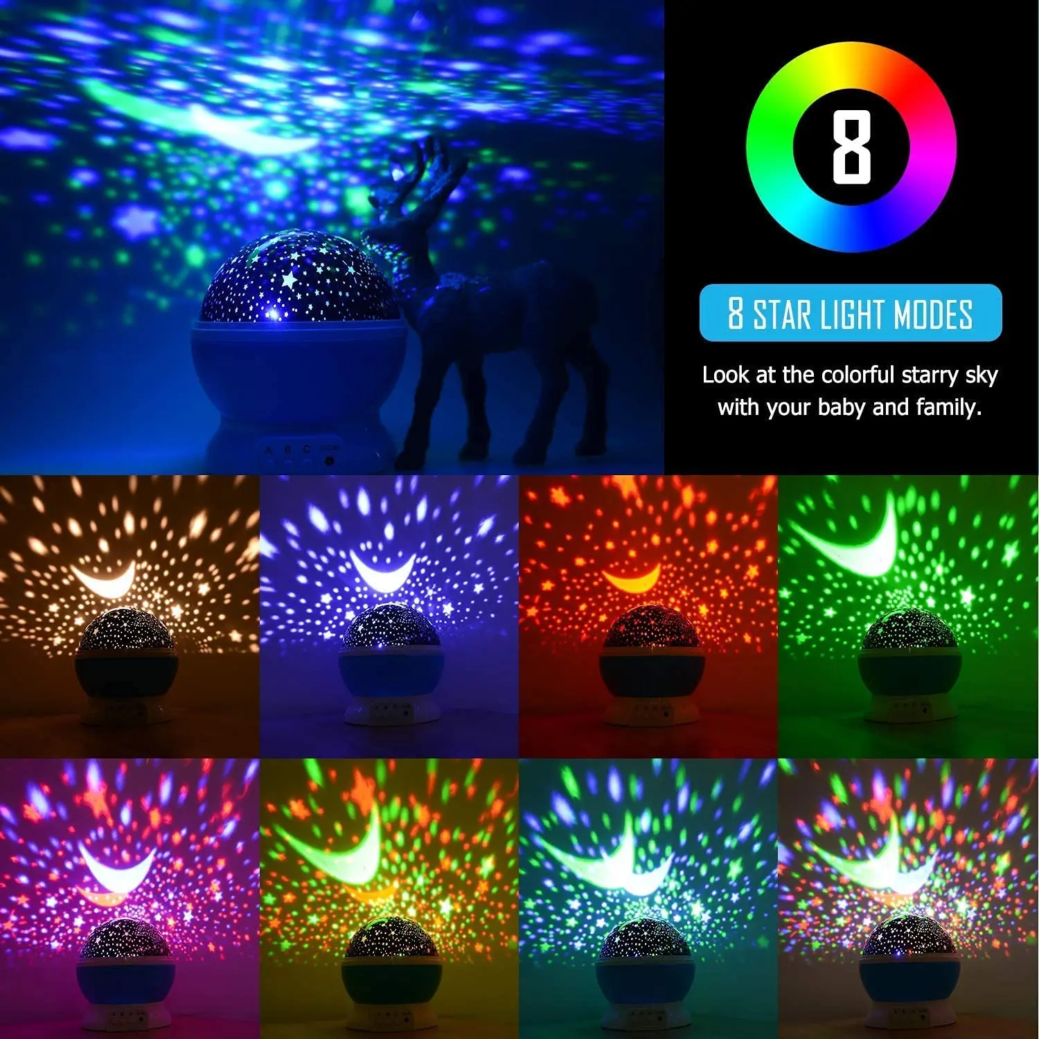 LED small 3d lighting star night light projector 360 Degree Rotation LED Starry Sky Rotating 12 Light Color Changing