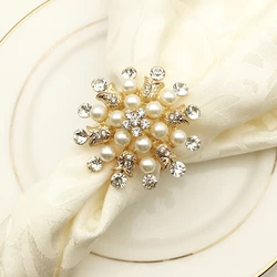 Кольца для салфеток HWP10 с золотым жемчугом и розовым цветком, металлическая пряжка для салфеток, серебряные кольца для салфеток с бриллиантами, украшение для свадебного стола