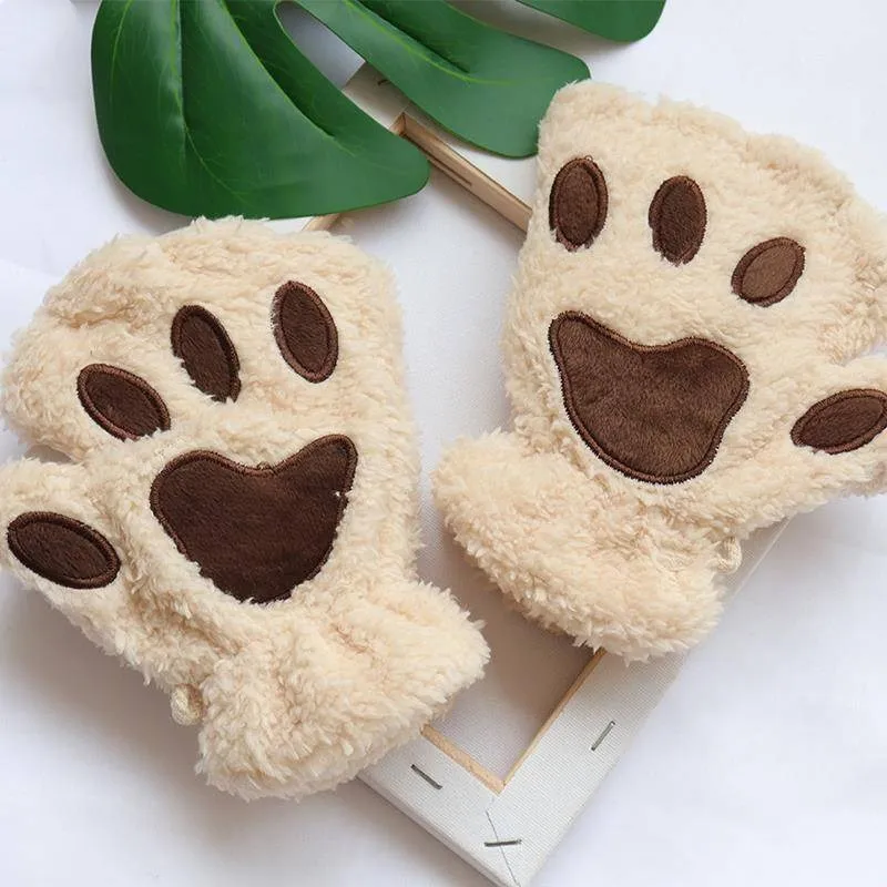 JSFUR  Kawaii Gloves Cat Paws Cosplay Faux Fur Plush Cat Gloves Lion Paws Fingerless Gloves for Girls Women
