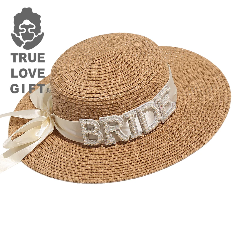 Women wedding novelty bridal bachelorette party rhinestone jewels white bride captain hat Imitation sun flat straw hat