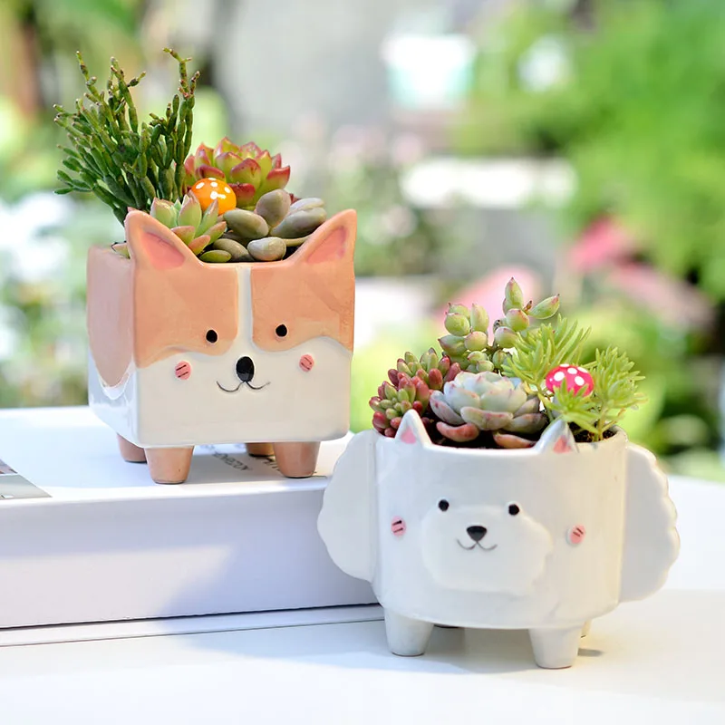 cute cartoon animal corgi shaped ceramic succulent cactus flower plant pot planter for home garden office desktop decorative
