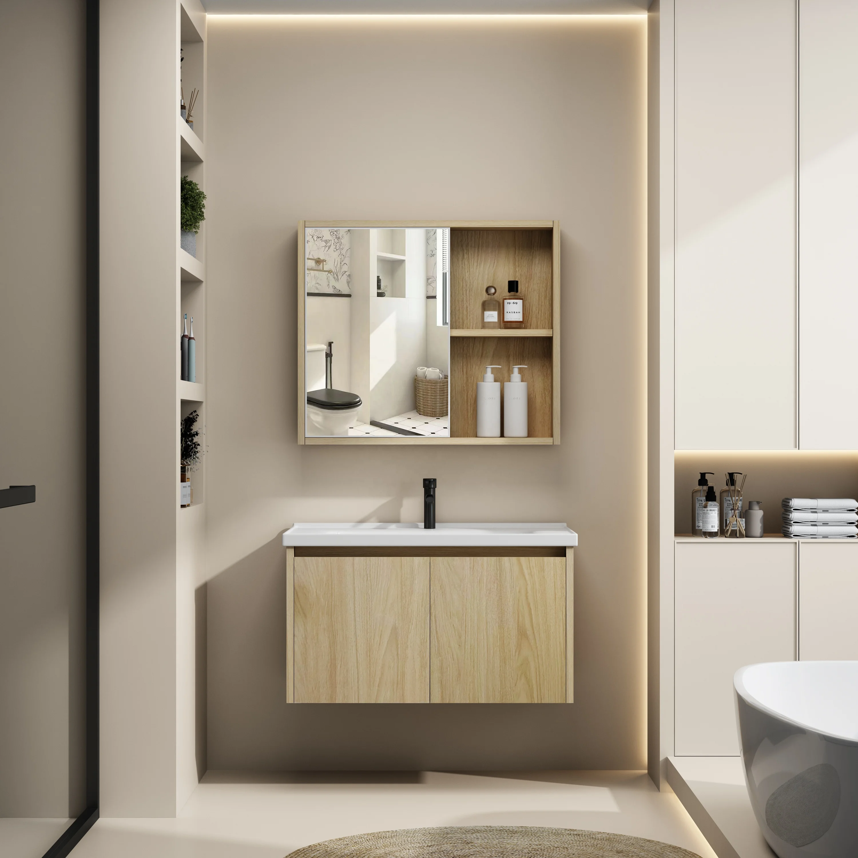 Factory Price Modern Bathroom Wall Cabinet Vanity Double Door Storage Cabinet Wash Basin with Mirror