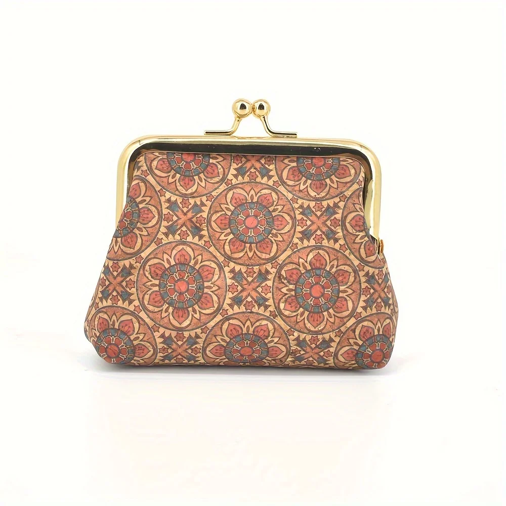 Mini Retro Butterfly Pattern Cork Purse, Classic Kis-Lock Cork Wallet For Women, Elegant Cork Clutch Bag