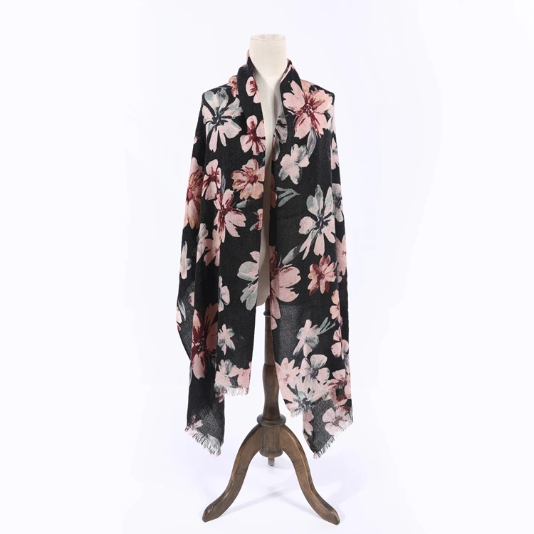 
Wholesale Customized Spring 100%acrylic Flower Print Woven Neck Scarf With Self Fringes 