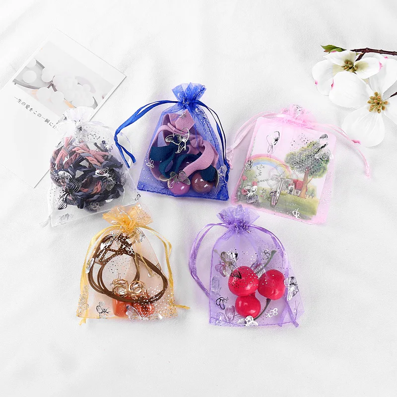 Wholesale 9x12 cm Small Transparent Drawstring Gift Bag Pouches Mesh Jewelry Packaging Silver Butterfly Organza Bags