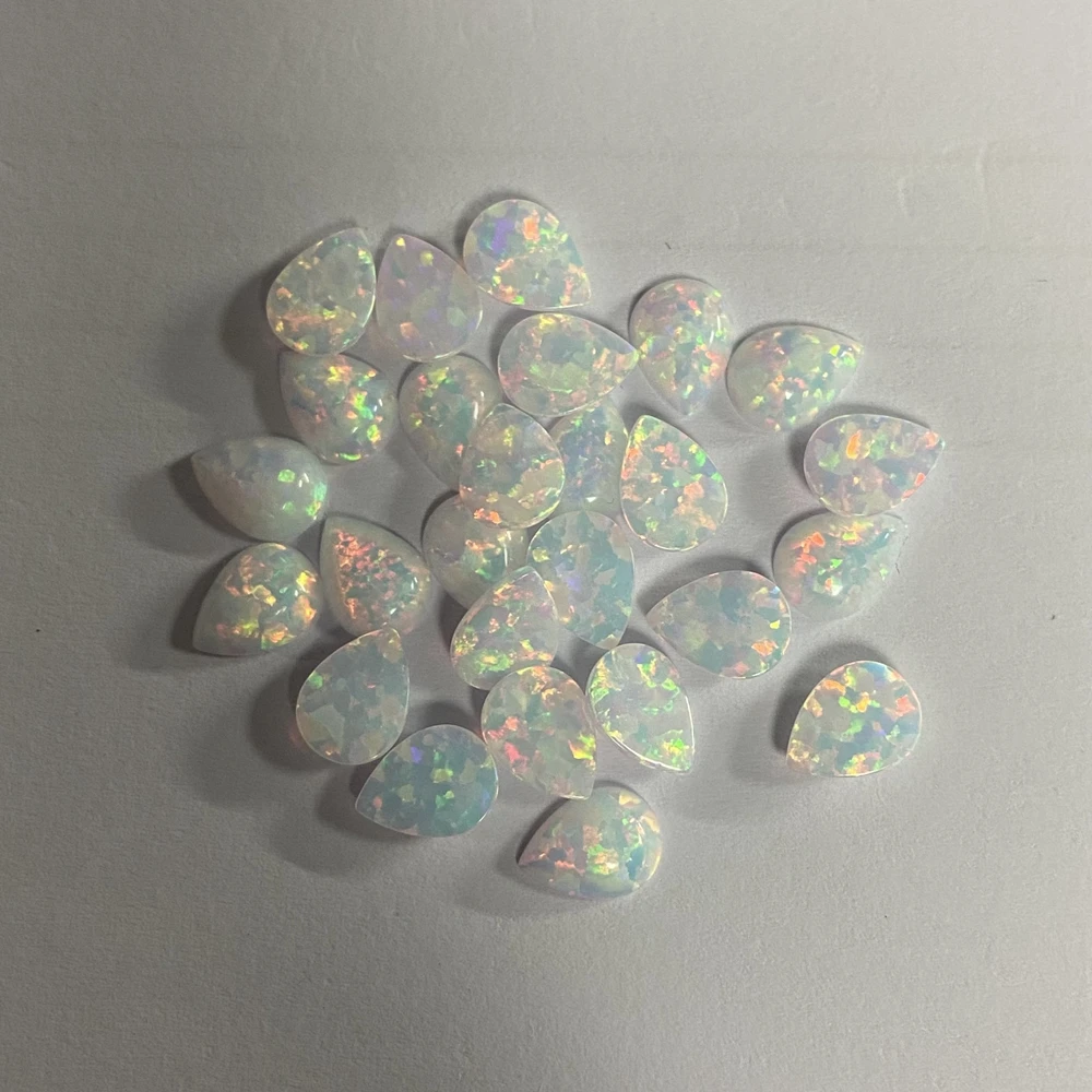 Flat Base Pear Shape White Synthetic Fire Opal Cabochon Gemstone for Earring Jewelry