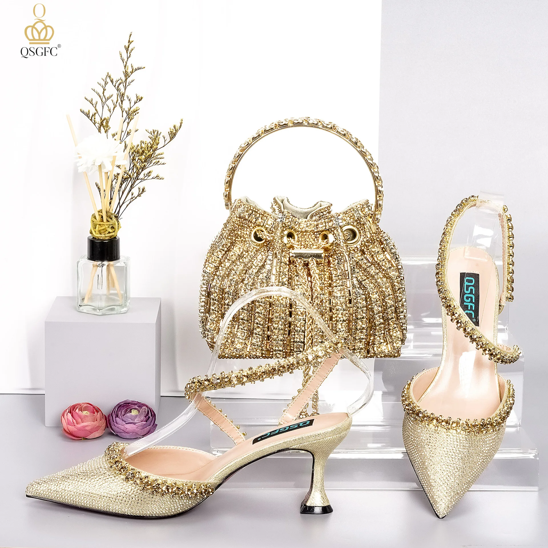YF-14 2022 Latest Custom Logo Luxury tote bag with beaded bow ties high heels set Party Wedding high heel sandals handbag set