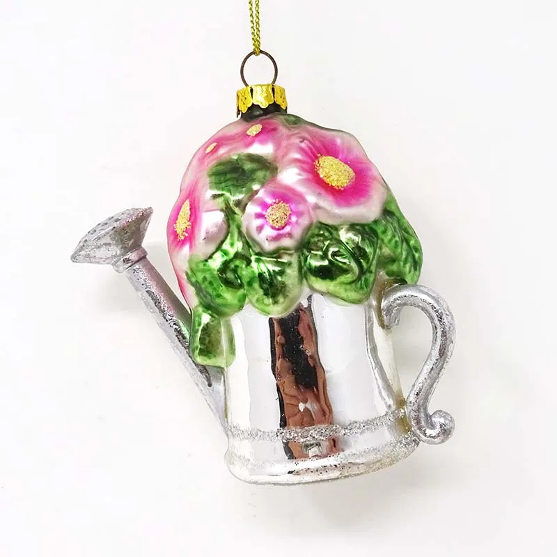 Wholesale christmas custom ornaments glass watering pot with flower ornaments