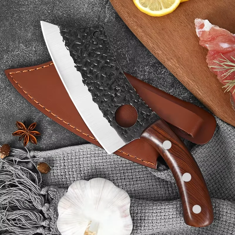 7 Inch High Carbon Stainless Steel Cleaver Hammer Pattern Slaughter Knife for Kitchen Chef and Butcher Serbian Kitchen Knife