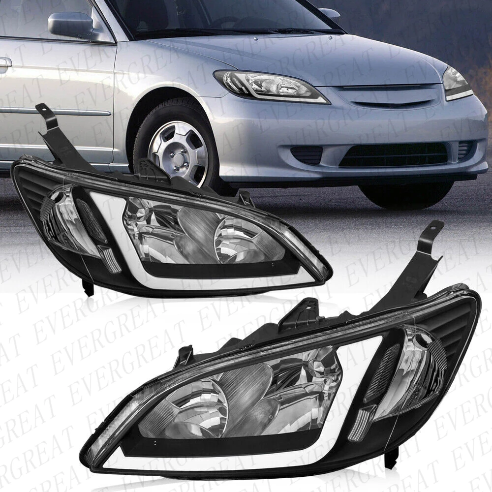 Pair Black LED DRL Headlights Assembly For 2004-2005 Honda Civic Front Lamps