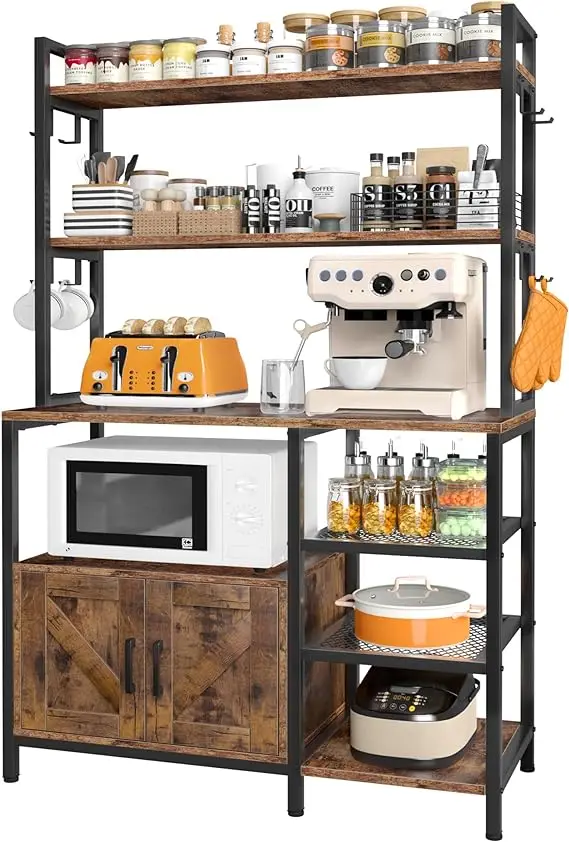 DX Bakers Rack 6 Tier Coffee Bar with Cabinet and 8 Side Hooks, Bakers Racks for Kitchens with Storage, Large Capacity Microwave