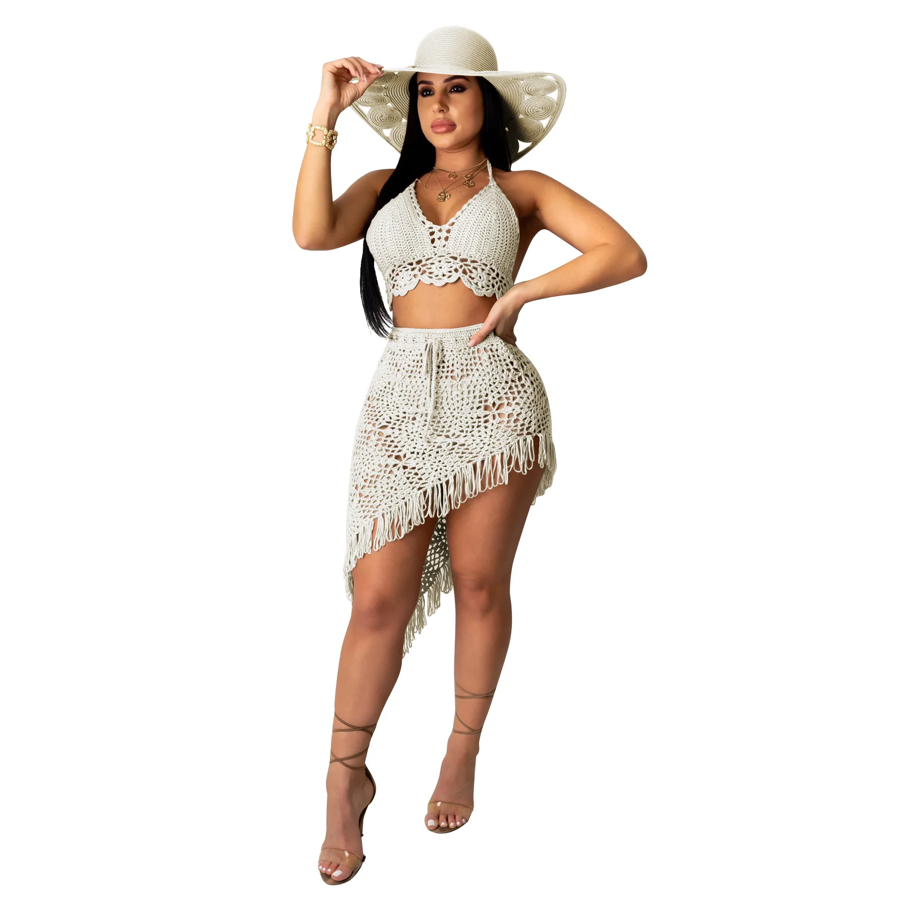 3pcs Bikini Set Woman Crochet Shell Tassel Bikini Top and Seashell Ankle Chain Sexy Beach Skirt Lace See Through Slim Mini Skirt