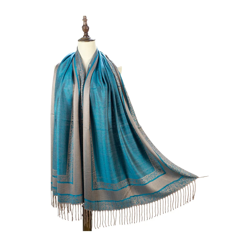 Soft Silky Two Tone Vintage Jacquard Reversible Paisley Pashmina Shawl Wrap Scarf