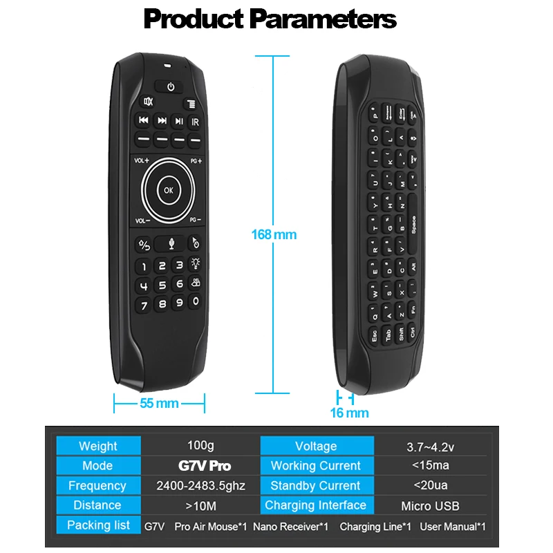 Intelligent Backlit G7VPro Air Mouse Smart 2.4G IR Wireless Keyboard Voice Remote Control for Android TV Box