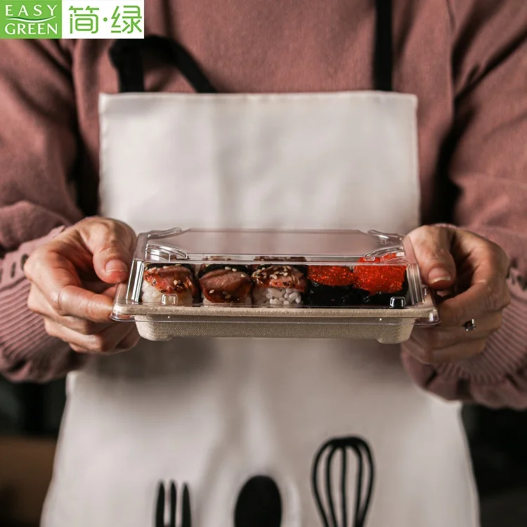Disposable biodegradable compostable bagasse sushi tray container