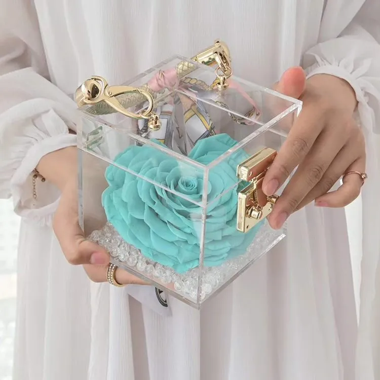 Factory Price Artificial Real Flower Forever Eternal heart Rose 12cm A grade Preserved Roses In Acrylic Box with portable box