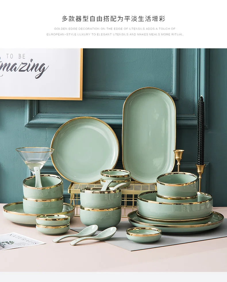 Luxury western tableware gold cutlery bowls set porcelain european dinnerware set plate