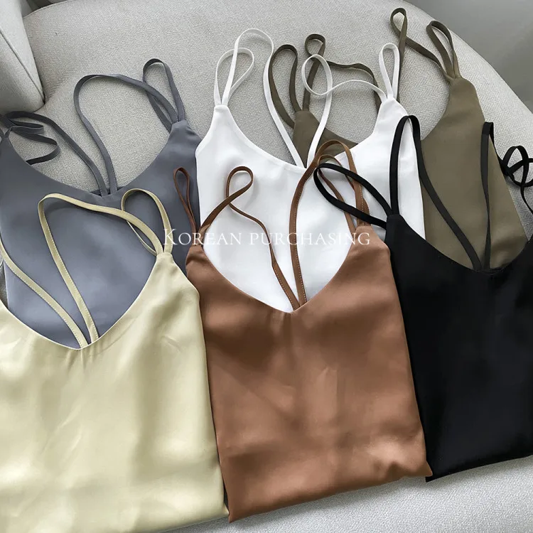 
Solid Color Thin Strap Quick Dry Sleeveless Polyester Satin Seamless White Summer Casual Breathable Tank Top For Woman 