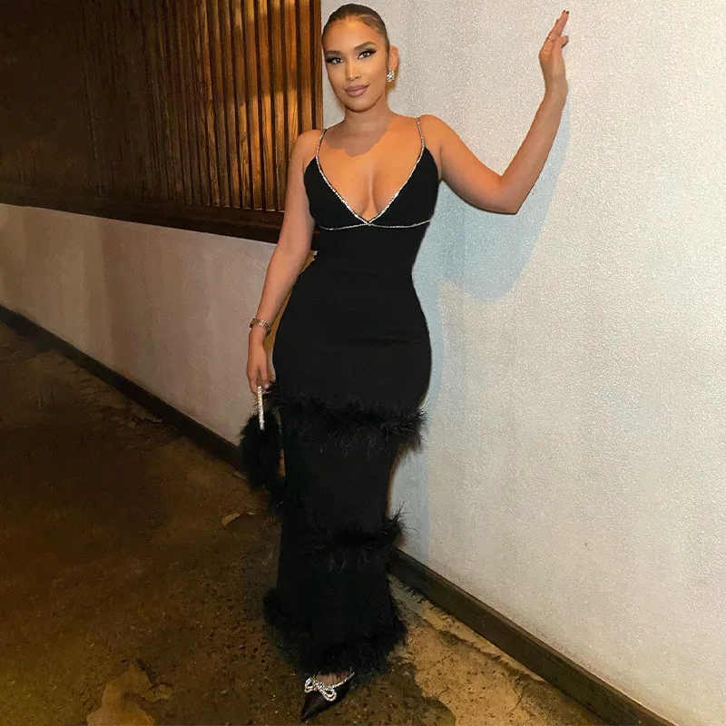 2024 New C1107DS01 Maxi Outfits Women Fall Clothes Slip Dress With Fur Ladies Dress Formal Party Rhinestone Dresses Women