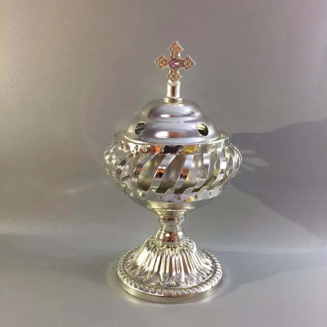 High Quality QIAN HU Silver Metal  Christening Charcoal Cross Church Incense Burner  Church Baptism Gifts