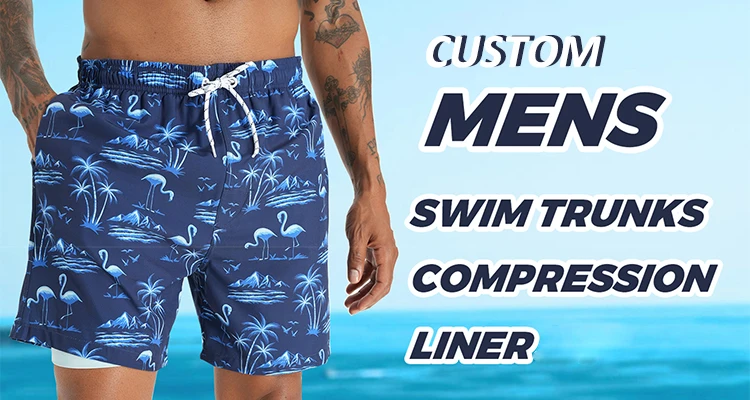 Custom Mens Swim Trunks Quick Dry Compression Liner Bathing Suit 5 Inch Board Shorts Casual Style featuring Pockets Decoration