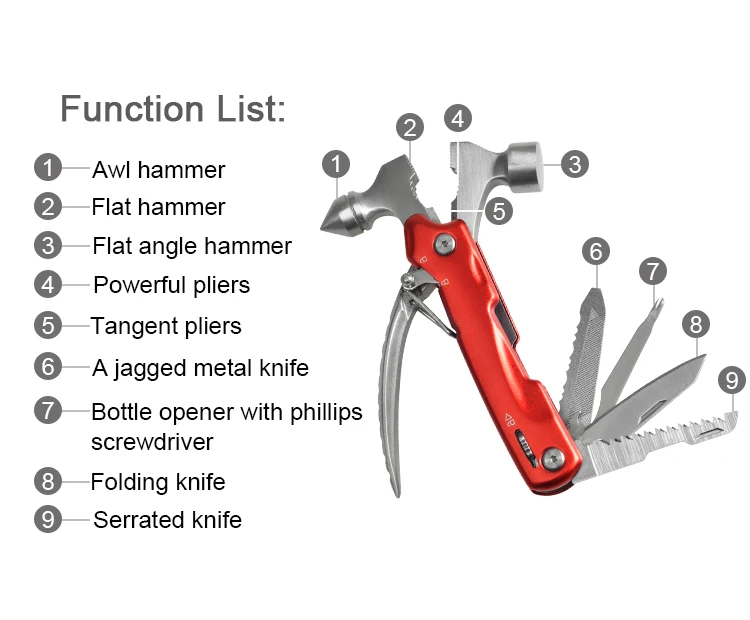 
Hot selling Multi function Hammers Outdoor Tool Claw Hammer Pliers Folding Cutter Sawtooth Bottle Opener Screwdriver Scale Saw 
