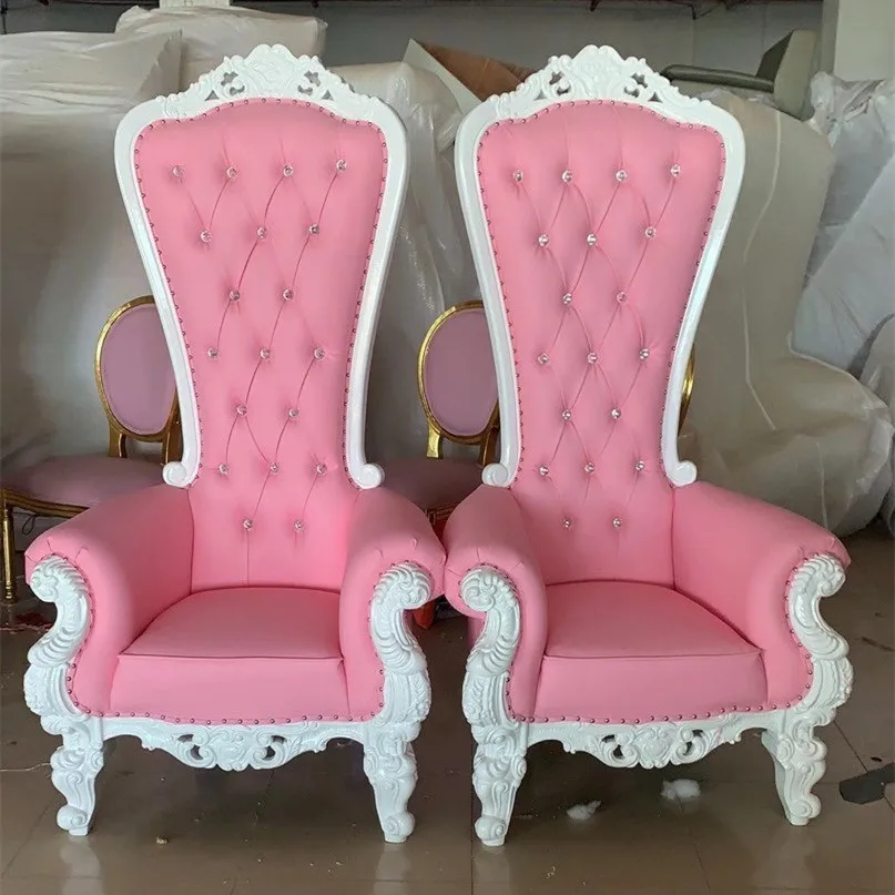 King and Queen High Back Cheaper Pink King Sliver Throne Chairs High Back Royal Luxury Wedding Chair for Groom and Bride