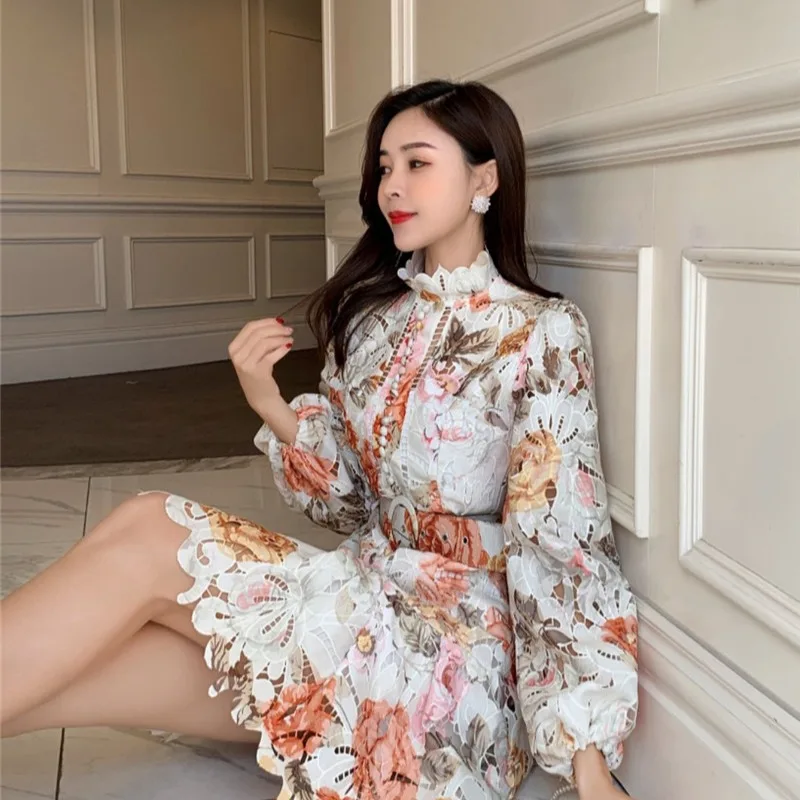 New Colorful Floral Hollow Stand Collar Long Sleeve High Waist Buttoned Short Dress