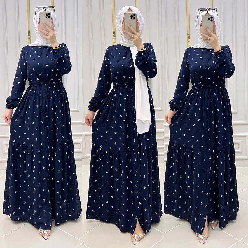2023 Summer Latest Fashion Women Islamic Clothing Solid Color Printed Chiffon Robe Femme Maxi Muslim Dress