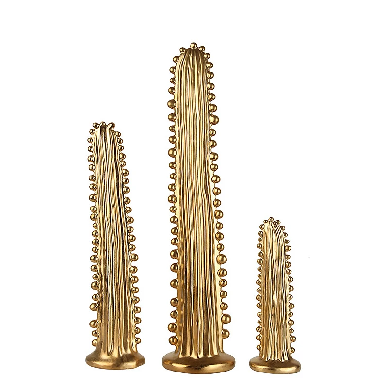 Wholesale Abstract Luxury Elegant Ceramic Home Decoration Gold Cactus Sculpture For Living Room
