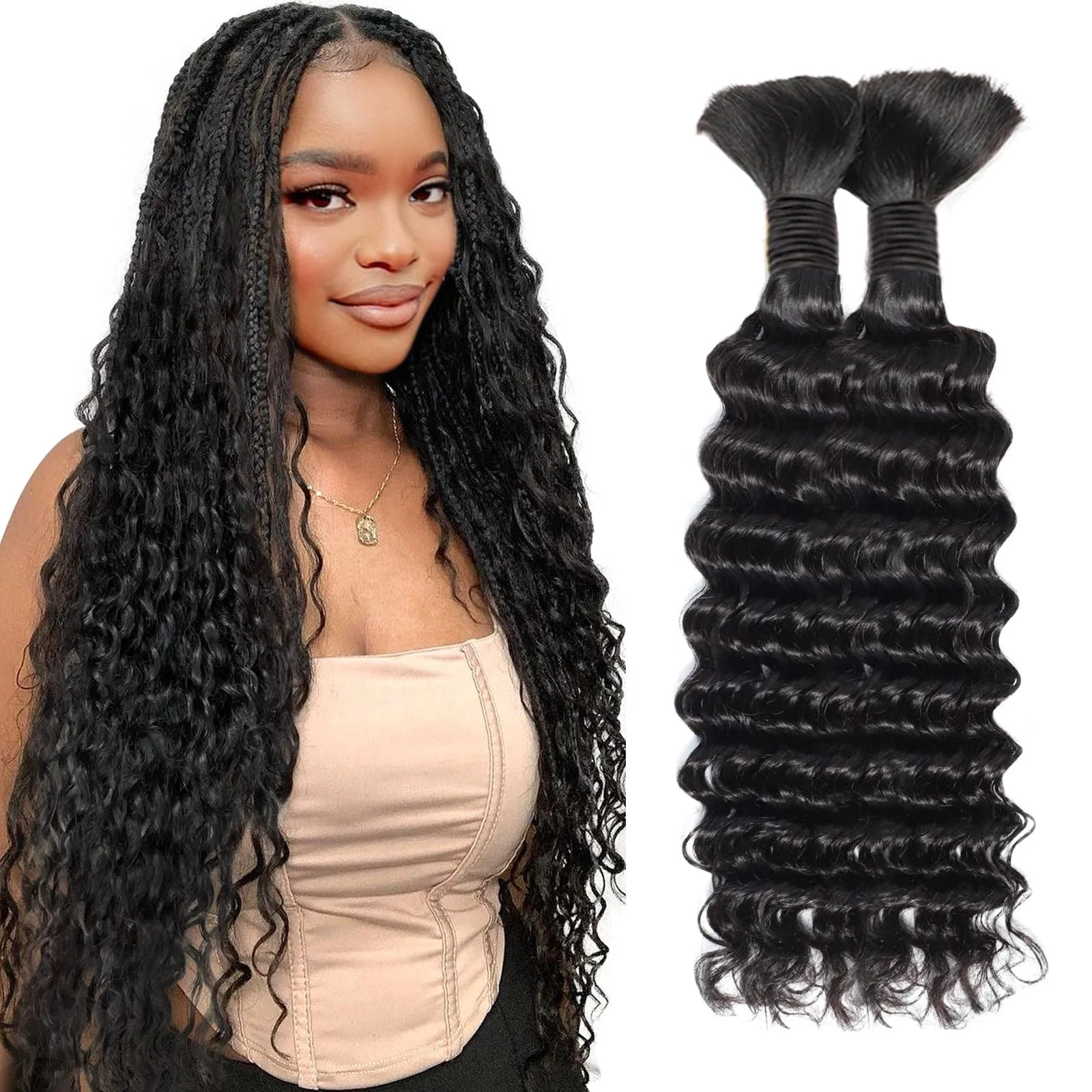 50g/Pc Human Braiding Hair for Boho Braids 22 Inch Deep Wave Bulk Human Hair for Braiding 12A Virgin Human Hair Bundles