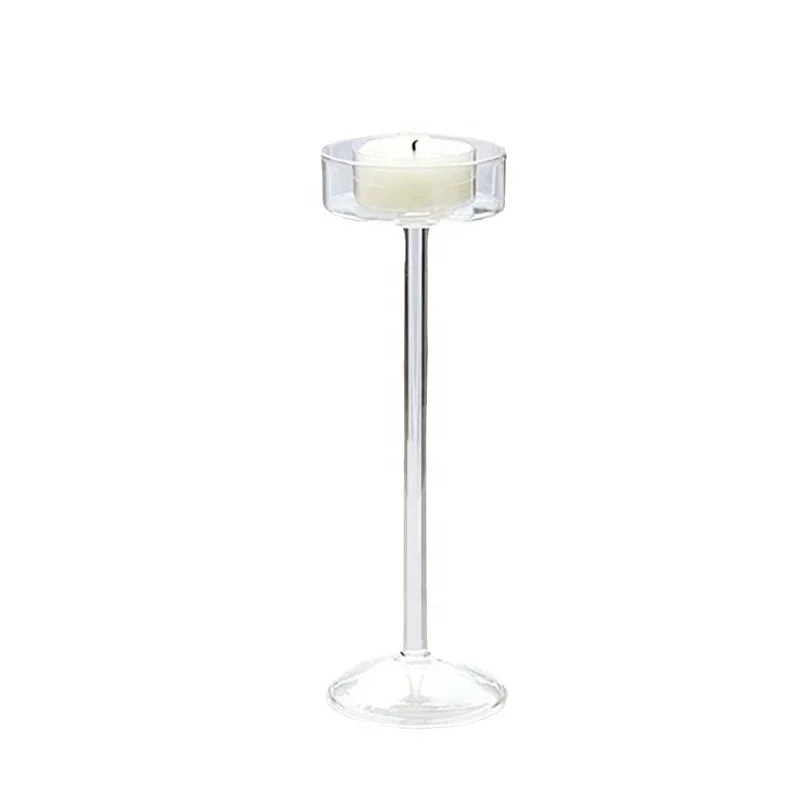 Transparent Candlestick Holder Crystal Glass Round Base Tall Pillar Light Goblet Candle Holder