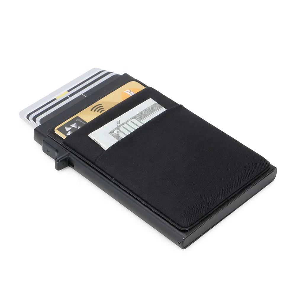 Card Holder with Money Pocket Pop Up Wallet RFID Blocking Slim Metal Bank Card Case Holds 5 Cards and Notes