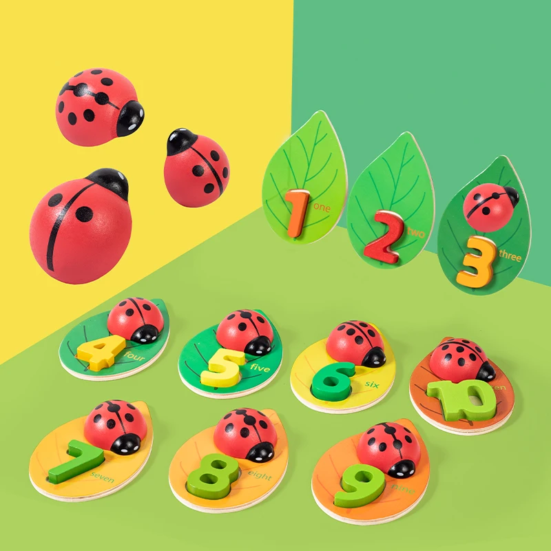 New English Math Counting Teaching Aids Ladybug Shape Number Matching Game Color Cognition Wooden Montessori Educational  Toys