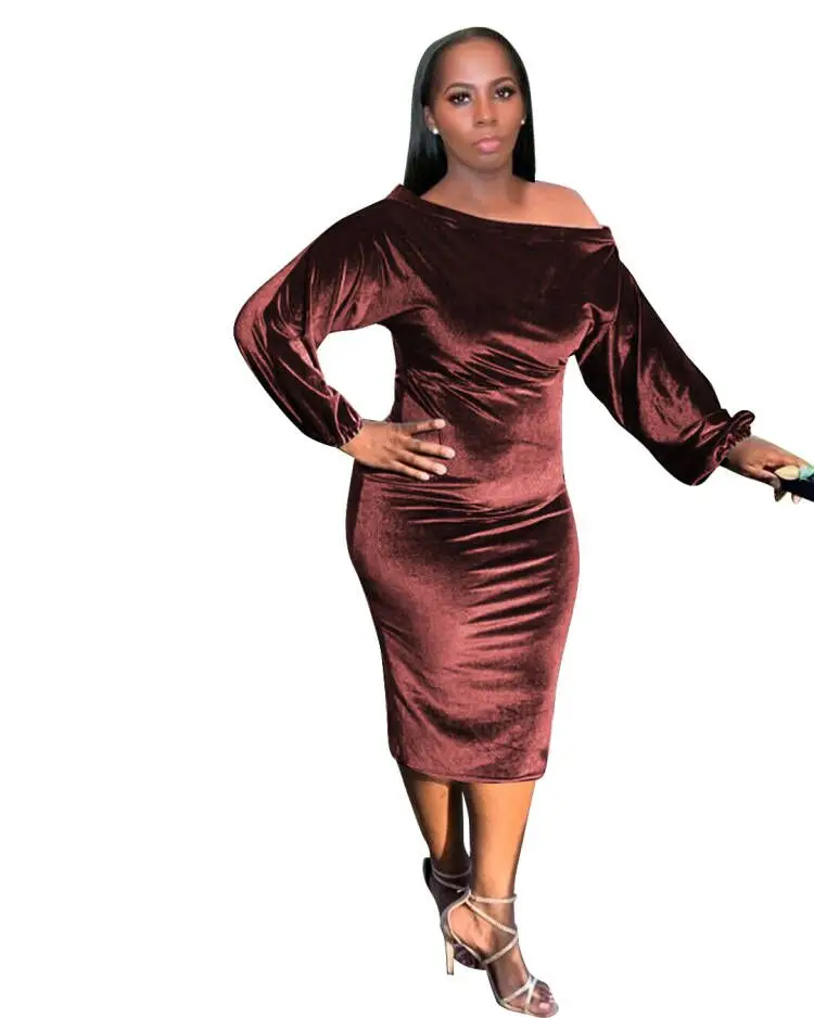 Women Club Casual Dress Autumn Winter Dress Lady Elegant Long Sleeves Slash Neck Velvet Evening Party Dresses Knee Length 2022