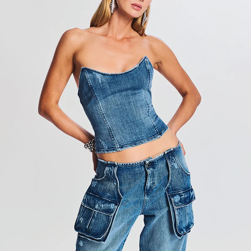 TWOTWINSTYLE Denim Vests Strapless Sleeveless Off Shoulder Slimming Women Vest Top