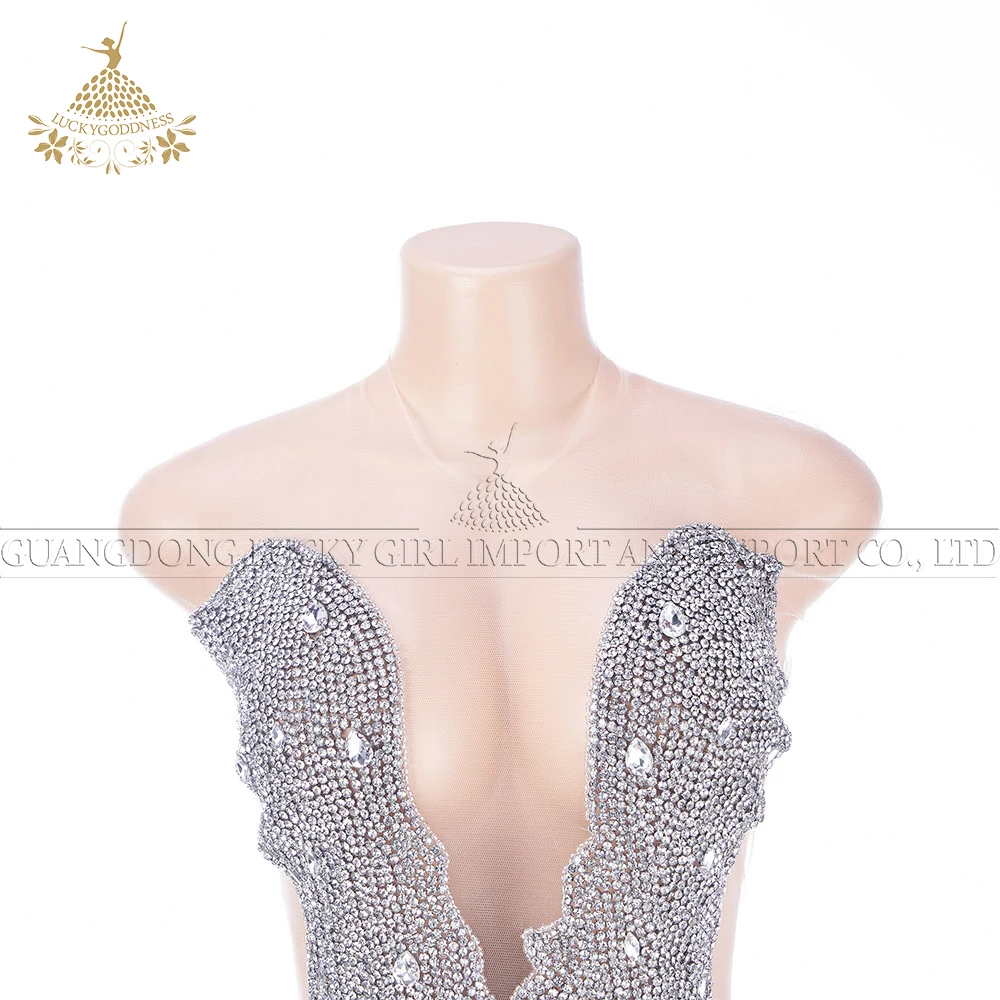 Silver crystal rhinestone bodice applique fringe patch for wedding bridal dress DRA-764