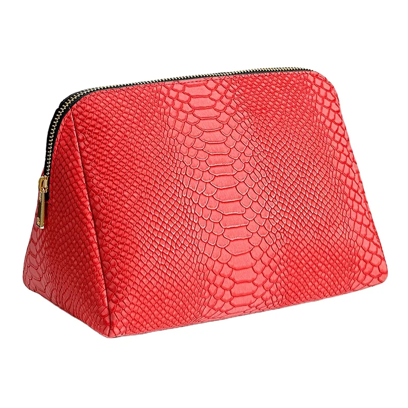 Custom Fashion Toiletry Pattern Pu Pouch Makeup Bags Cosmetic Bag Print Travel Snake Skin Red Customize Velvet Zipper Bag Pouch