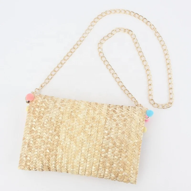 2023 Trendy Woven Pom Pom Straw bag straw beach bags with chain for Women