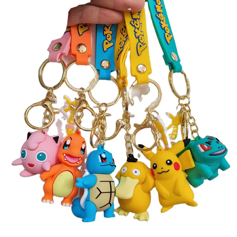 Portable Key chain Cartoon 3D Kawaii Anime Poke Pika Charmande Handbag Car Key Decoration Ring Girl Gift PVC Rubber Keychain