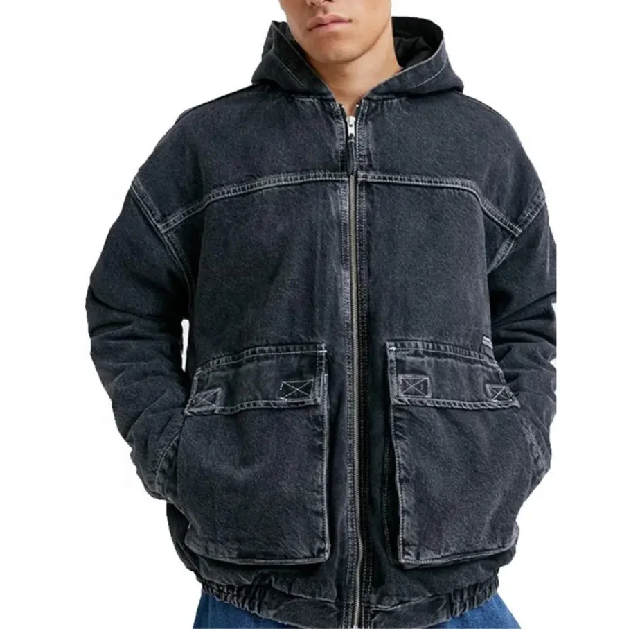 Custom logo cotton oversized zip up hooded work cargo pockets mens denim jeans jackets coats